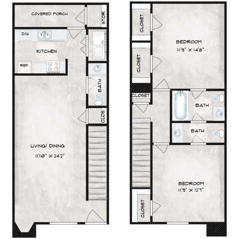 A floor plan of a house with a living room, dining room, kitchen, and two bedrooms.